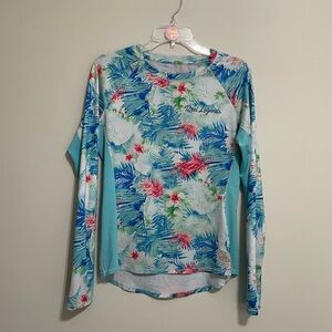 Reel Legends Women's Floral Blue Green Long Sleeve‎ Top~Swim Wear ~ Size Large